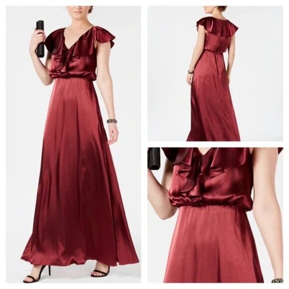 Adrianna Papell V-Neck Ruffled Blouson Satin Gown Deep Red Wine Size 4 NWT